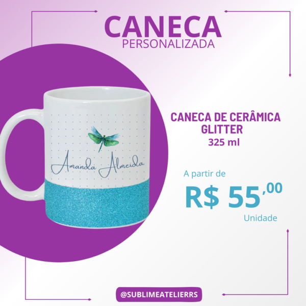 Caneca de Cerâmica com Barra de Glitter Personalizada 325ml